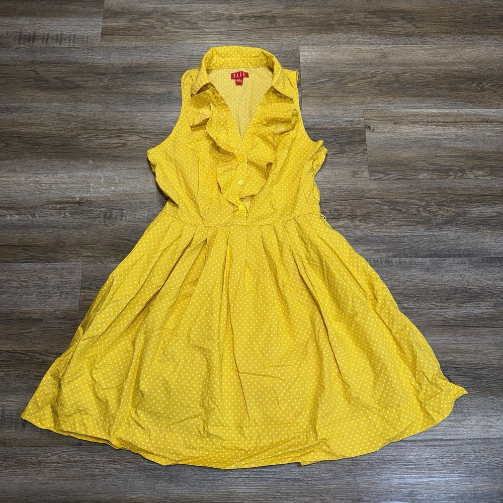 Elle Yellow Polka-Dot Sleeveless Shirtdress Womens 8 Ruffled Collar Button-Front